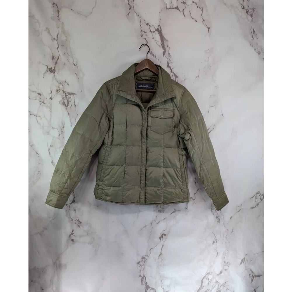 Eddie Bauer Down Jacket Womens Large Gold Tan Puffer Coat 650 FP Power Snap